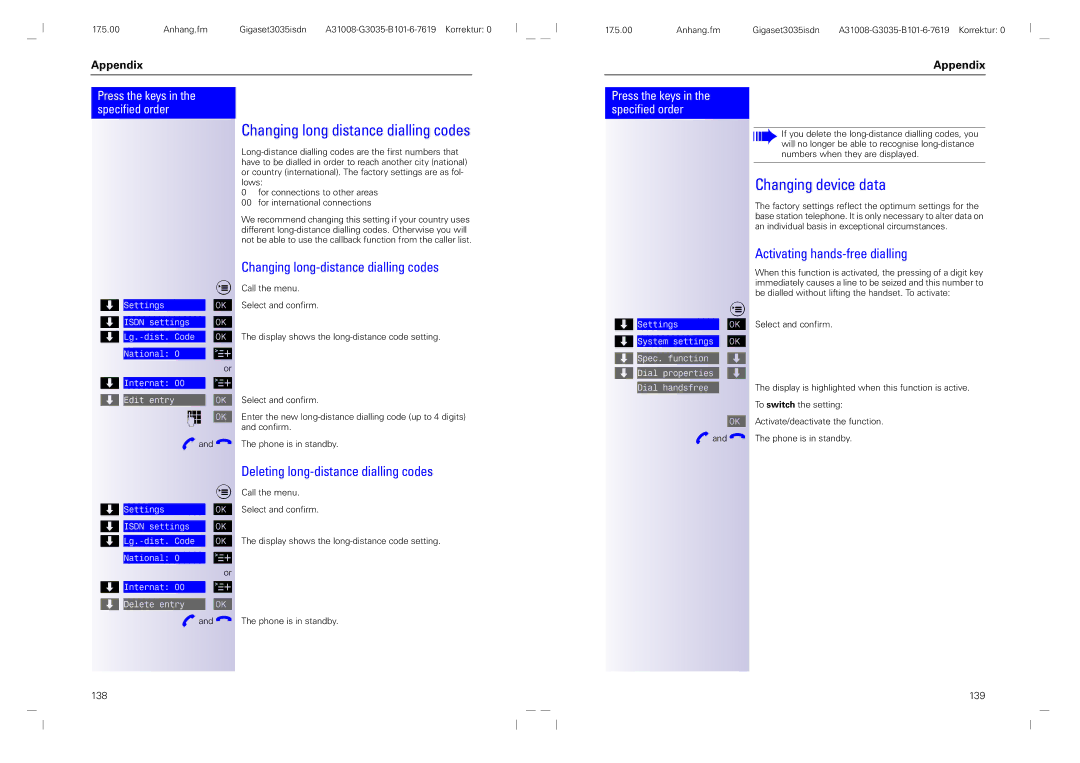 Siemens 3035isdn operating instructions Changing long distance dialling codes, Changing device data 