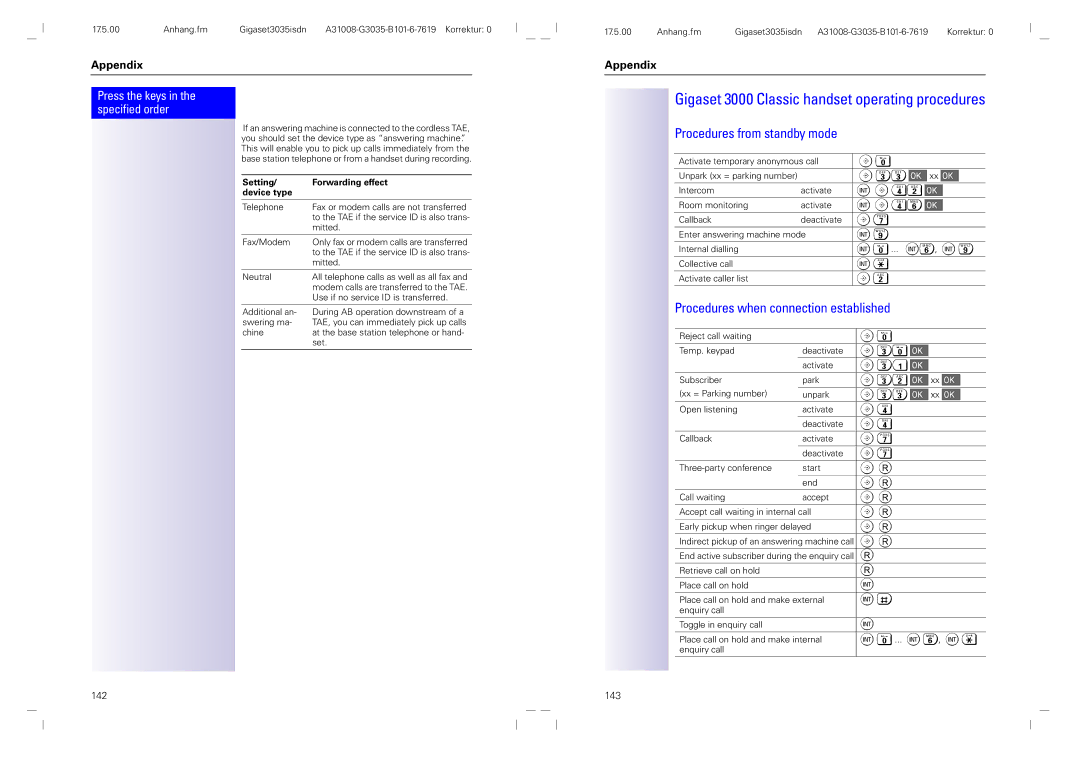 Siemens 3035isdn operating instructions Gigaset 3000 Classic handset operating procedures, Procedures from standby mode 