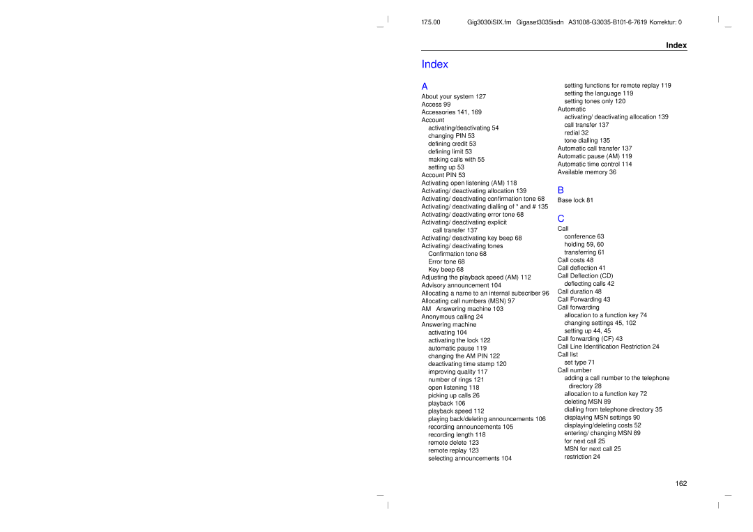 Siemens 3035isdn operating instructions Index 