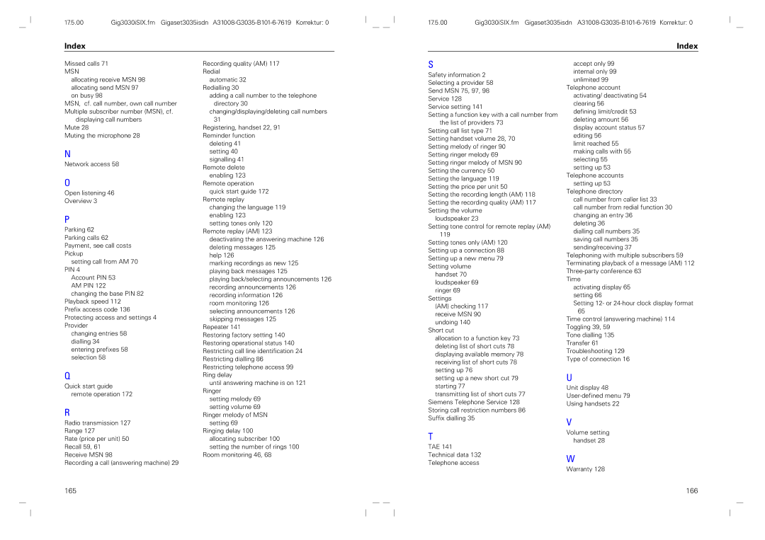 Siemens 3035isdn operating instructions 165 166, Missed calls 