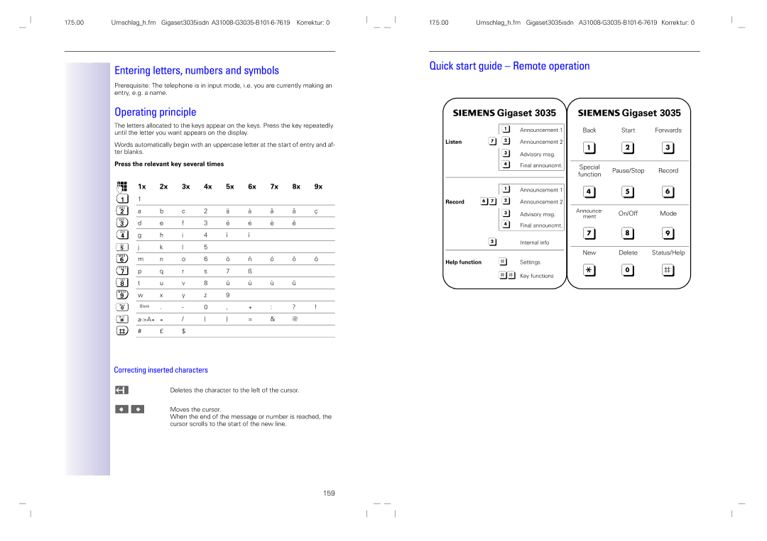 Siemens 3035isdn Entering letters, numbers and symbols, Quick start guide Remote operation Operating principle, Press 