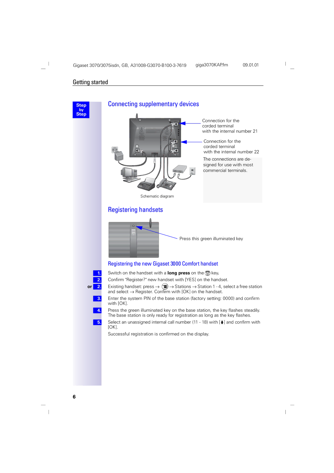 Siemens 3070, 75 manual Registering handsets, Registering the new Gigaset 3000 Comfort handset 