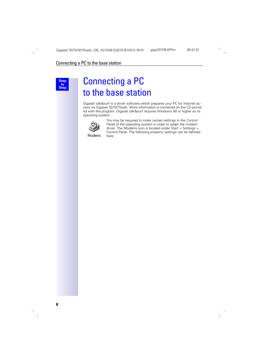 Siemens 3070, 75 manual Connecting a PC to the base station 