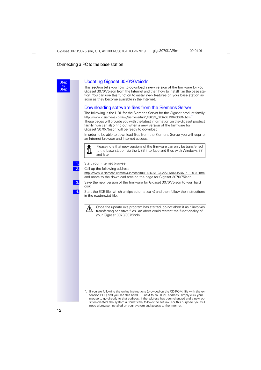 Siemens manual Updating Gigaset 3070/3075isdn, Downloading software files from the Siemens Server 