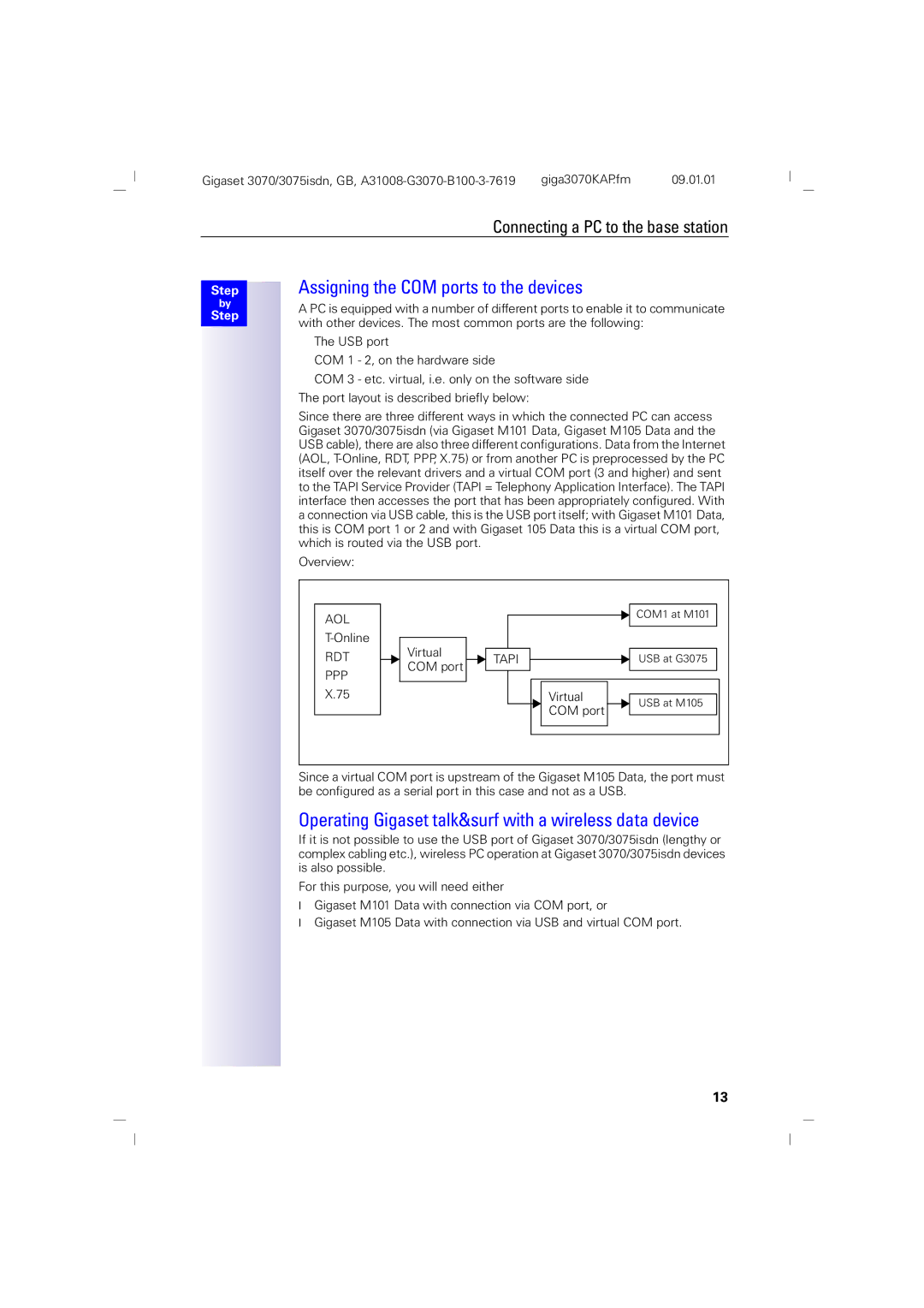 Siemens 75, 3070 manual Assigning the COM ports to the devices, Operating Gigaset talk&surf with a wireless data device 