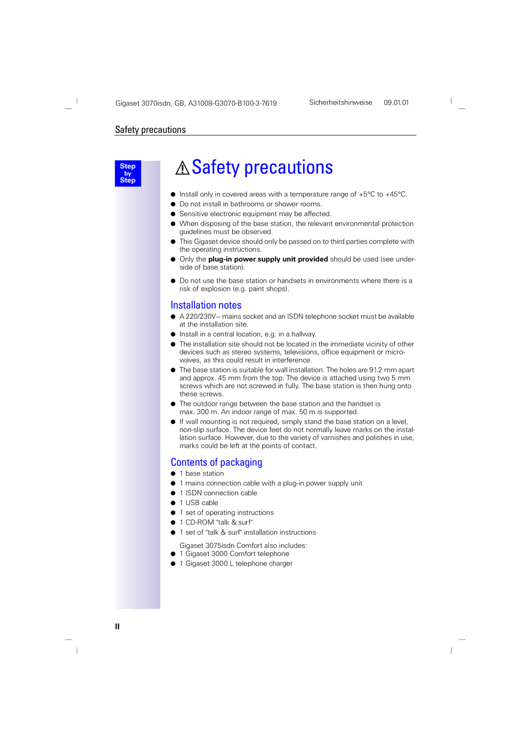 Siemens 3070, 75 manual Safety precautions, Installation notes, Contents of packaging 