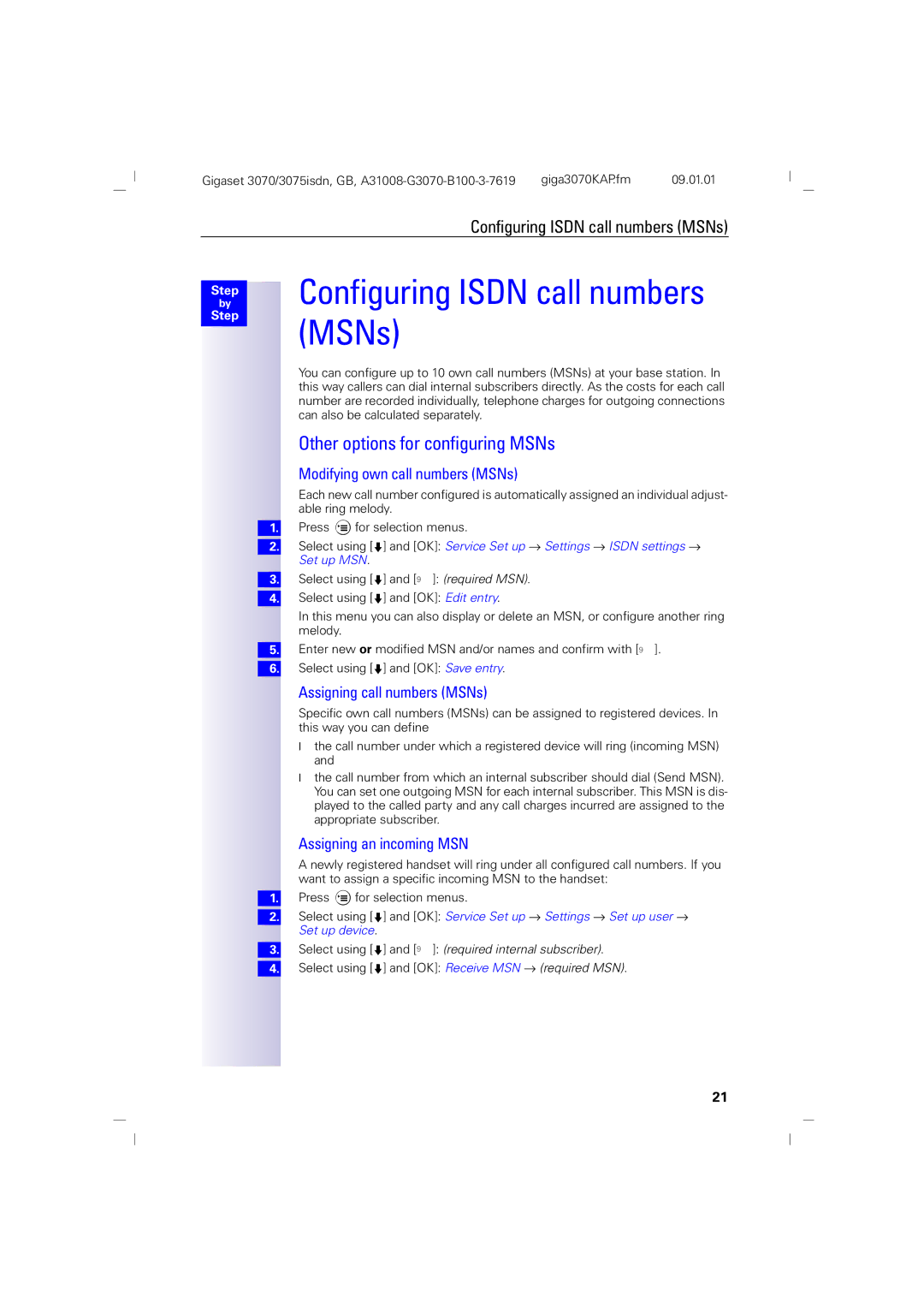 Siemens 75, 3070 Configuring Isdn call numbers MSNs, Other options for configuring MSNs, Modifying own call numbers MSNs 