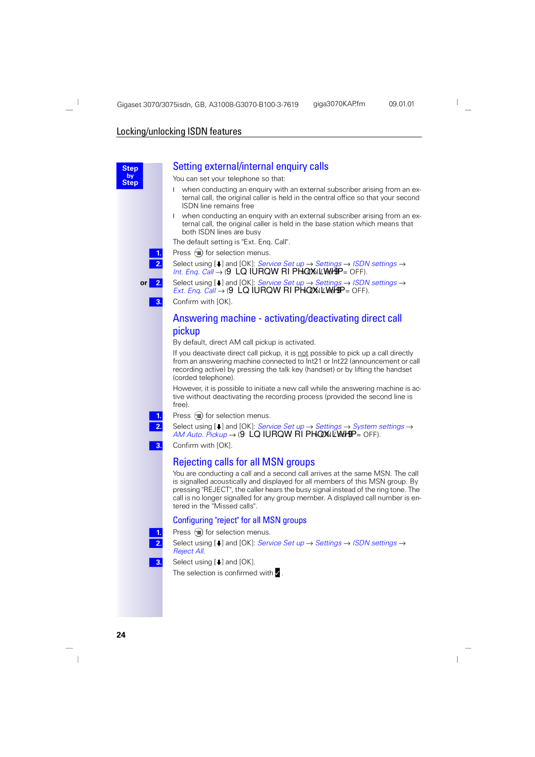 Siemens 3070, 75 manual Setting external/internal enquiry calls, Rejecting calls for all MSN groups 