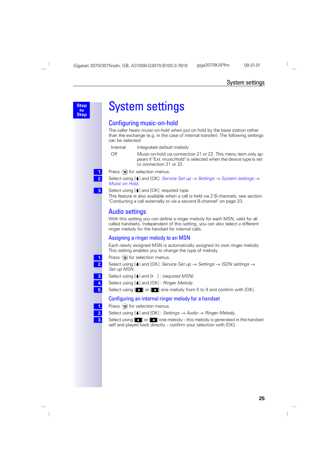 Siemens 75, 3070 manual System settings, Configuring music-on-hold, Audio settings, Assigning a ringer melody to an MSN 