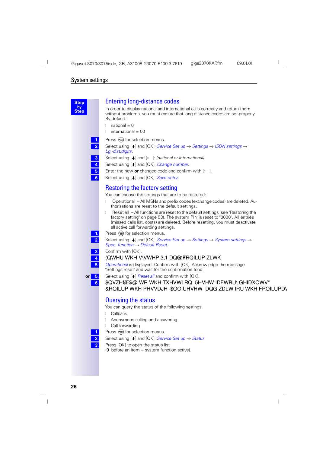 Siemens 3070, 75 manual Entering long-distance codes, Restoring the factory setting, Querying the status 