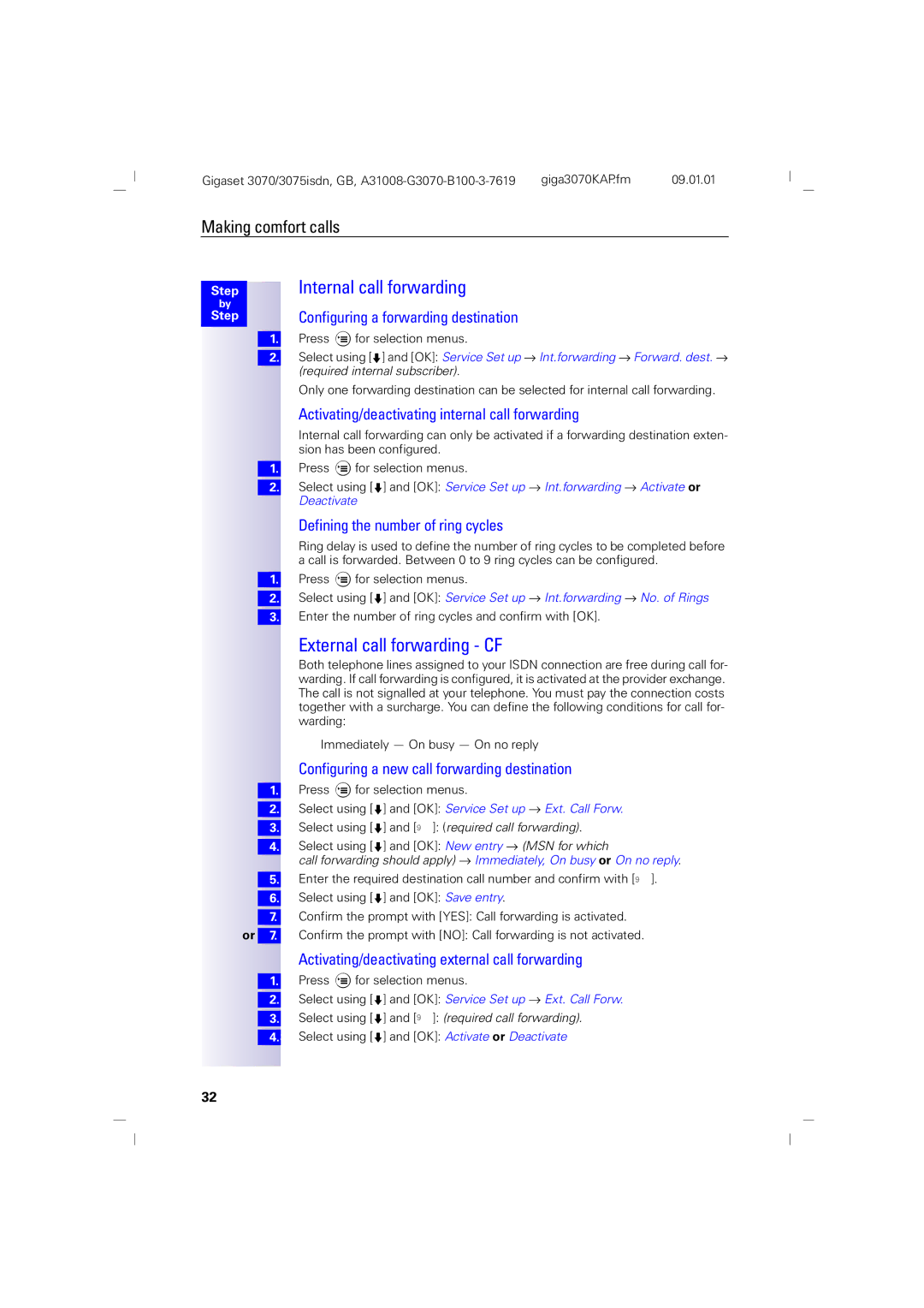 Siemens 3070, 75 manual External call forwarding CF, Activating/deactivating internal call forwarding 