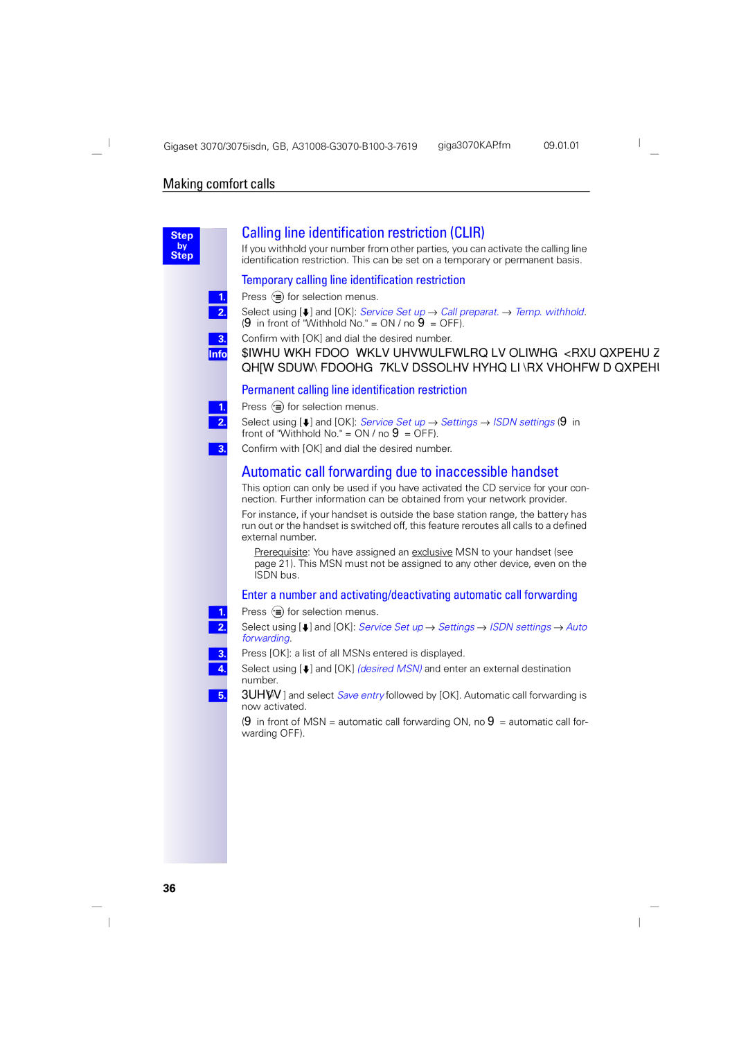 Siemens 3070, 75 manual Calling line identification restriction Clir, Automatic call forwarding due to inaccessible handset 