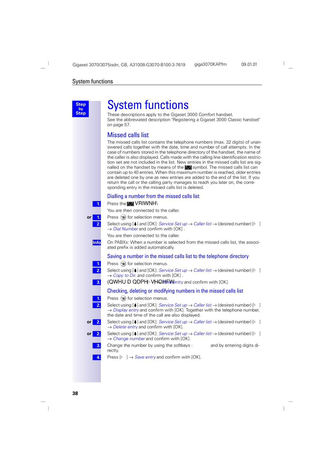 Siemens 3070, 75 manual System functions, Missed calls list, Dialling a number from the missed calls list 