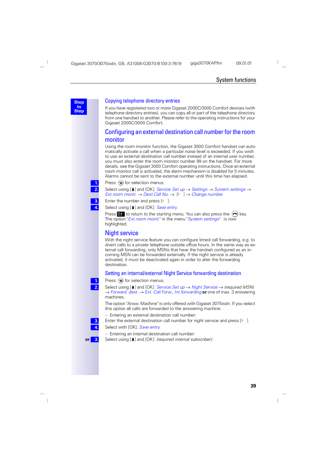 Siemens 75, 3070 manual Monitor, Night service, Copying telephone directory entries 