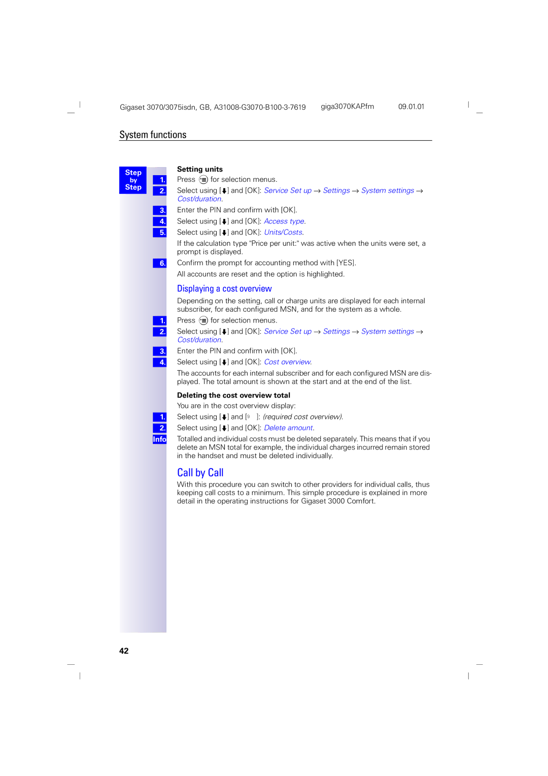 Siemens 3070, 75 manual Call by Call, Displaying a cost overview, Setting units, Deleting the cost overview total 