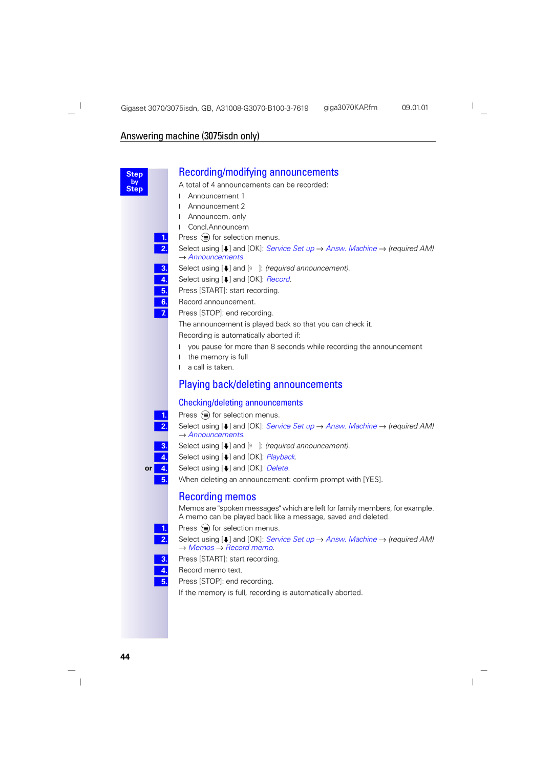 Siemens 3070, 75 manual Recording/modifying announcements, Playing back/deleting announcements, Recording memos 