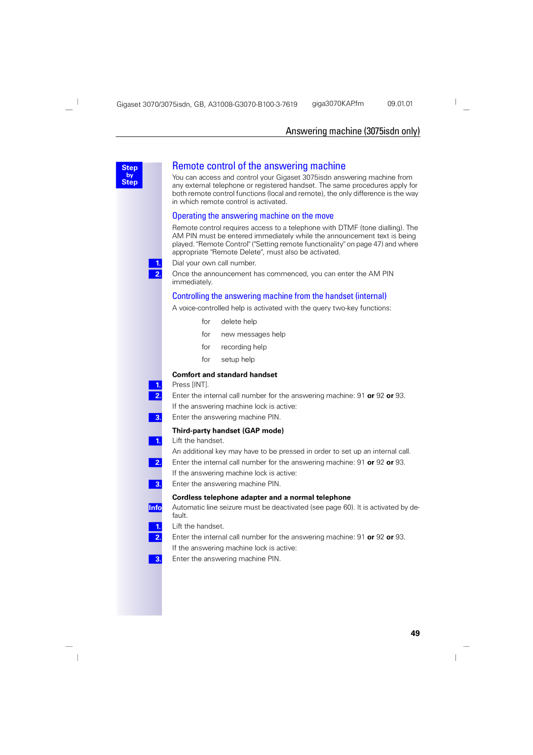 Siemens 75, 3070 manual Remote control of the answering machine, Operating the answering machine on the move 