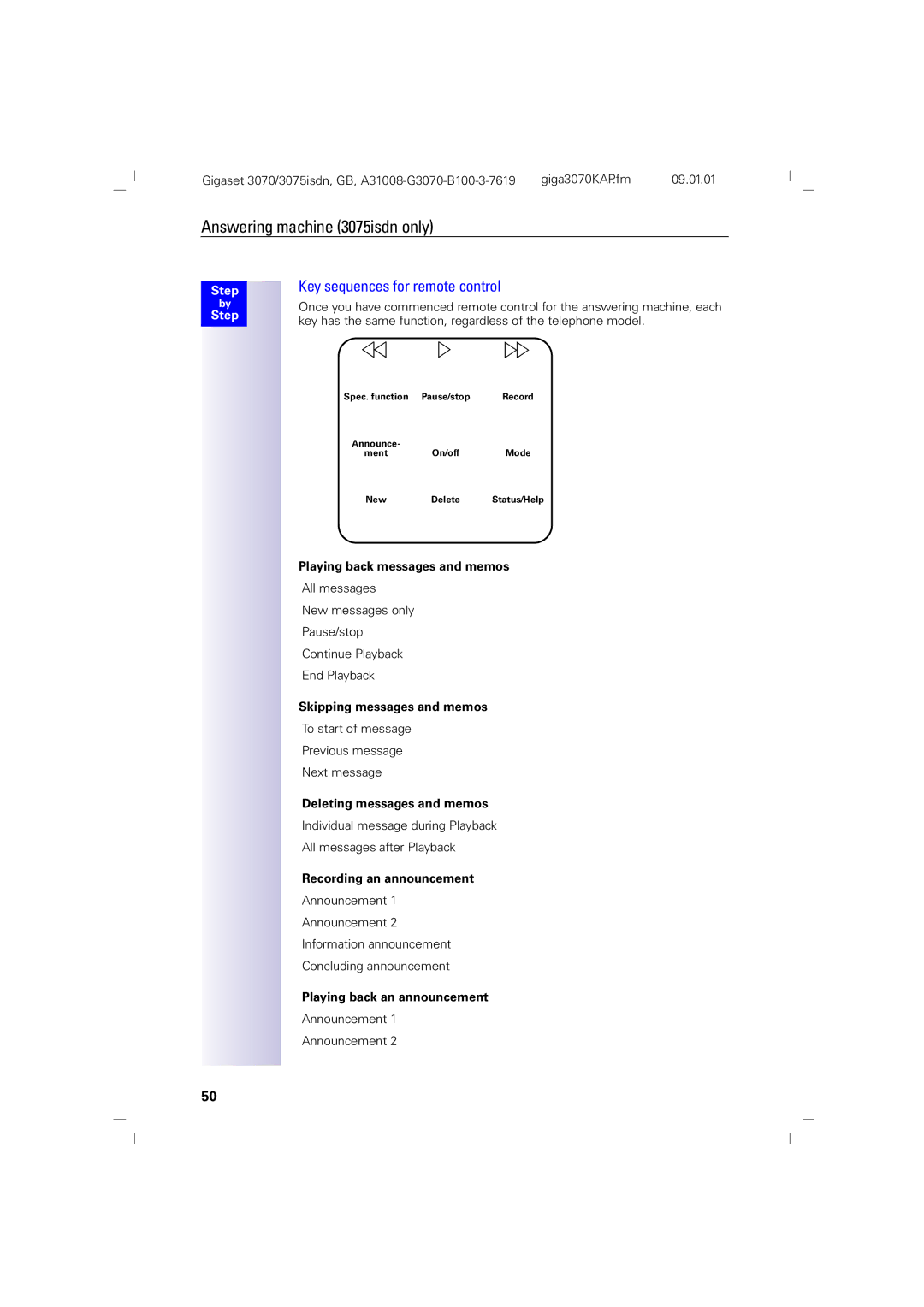 Siemens 3070, 75 manual Key sequences for remote control 