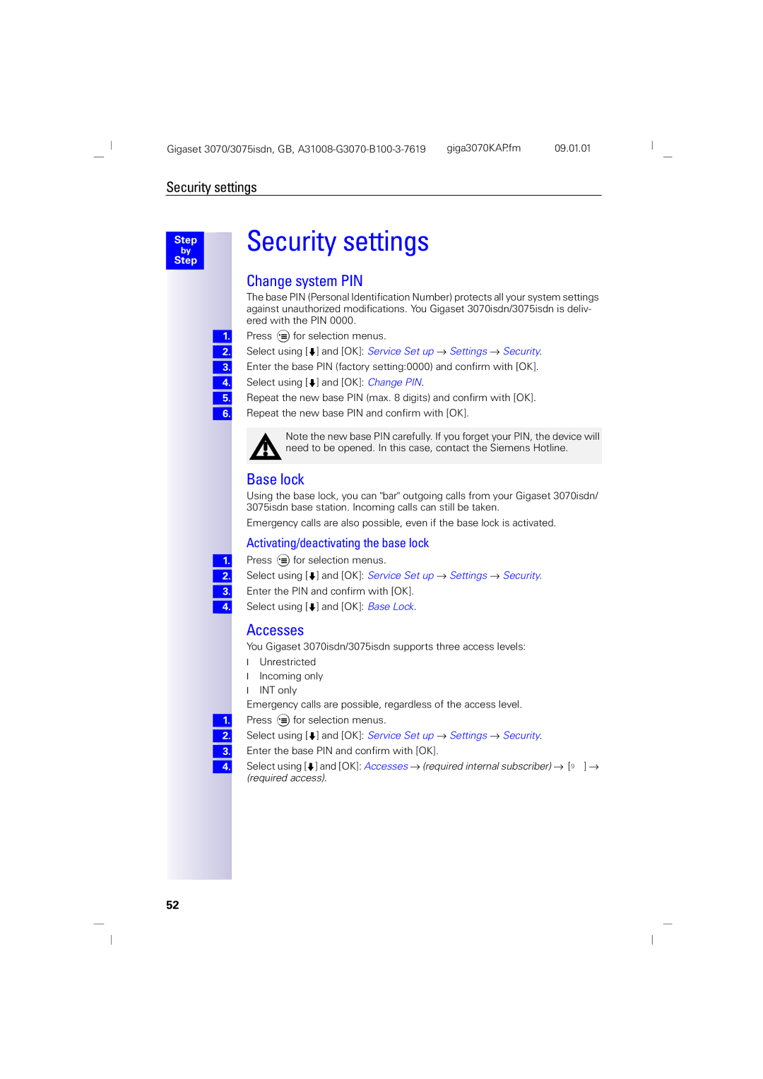 Siemens 3070, 75 manual Security settings, Change system PIN, Base lock, Accesses, Activating/deactivating the base lock 