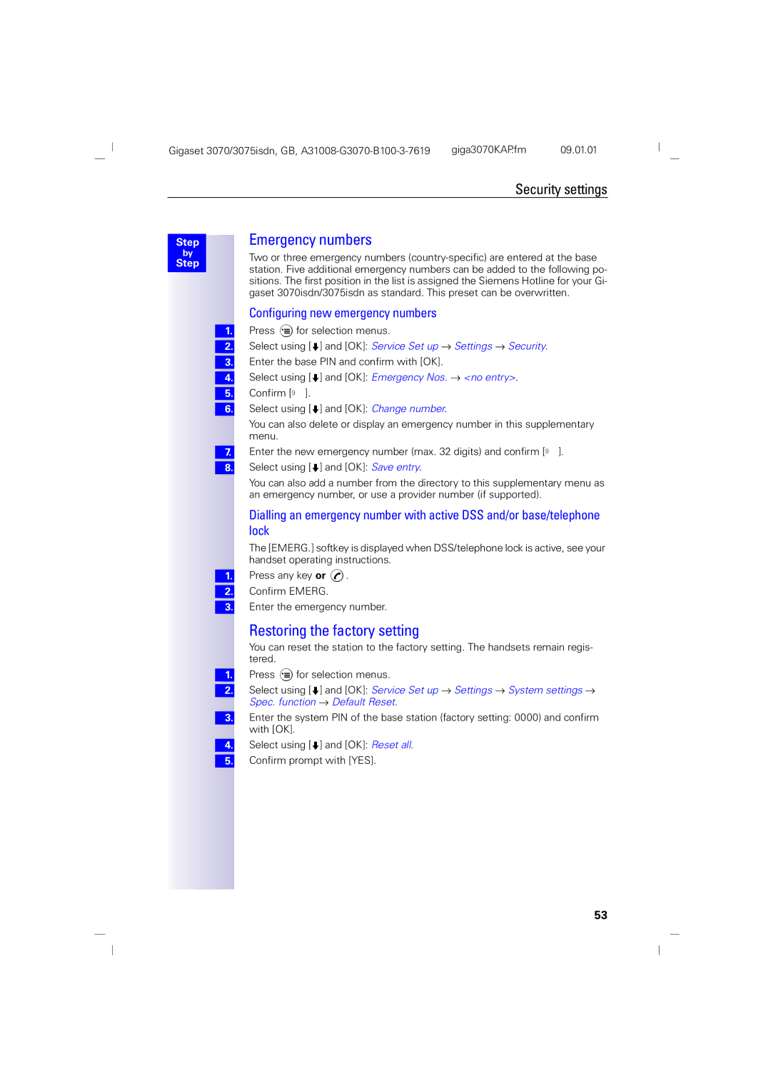 Siemens 75, 3070 manual Emergency numbers, Configuring new emergency numbers 