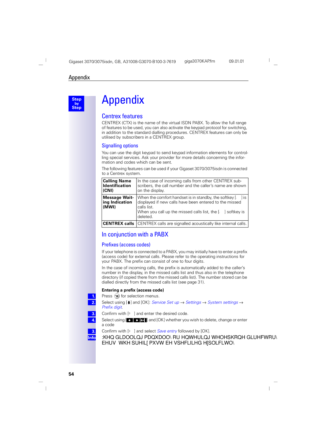 Siemens 3070, 75 manual Appendix, Centrex features, Conjunction with a Pabx, Signalling options, Prefixes access codes 