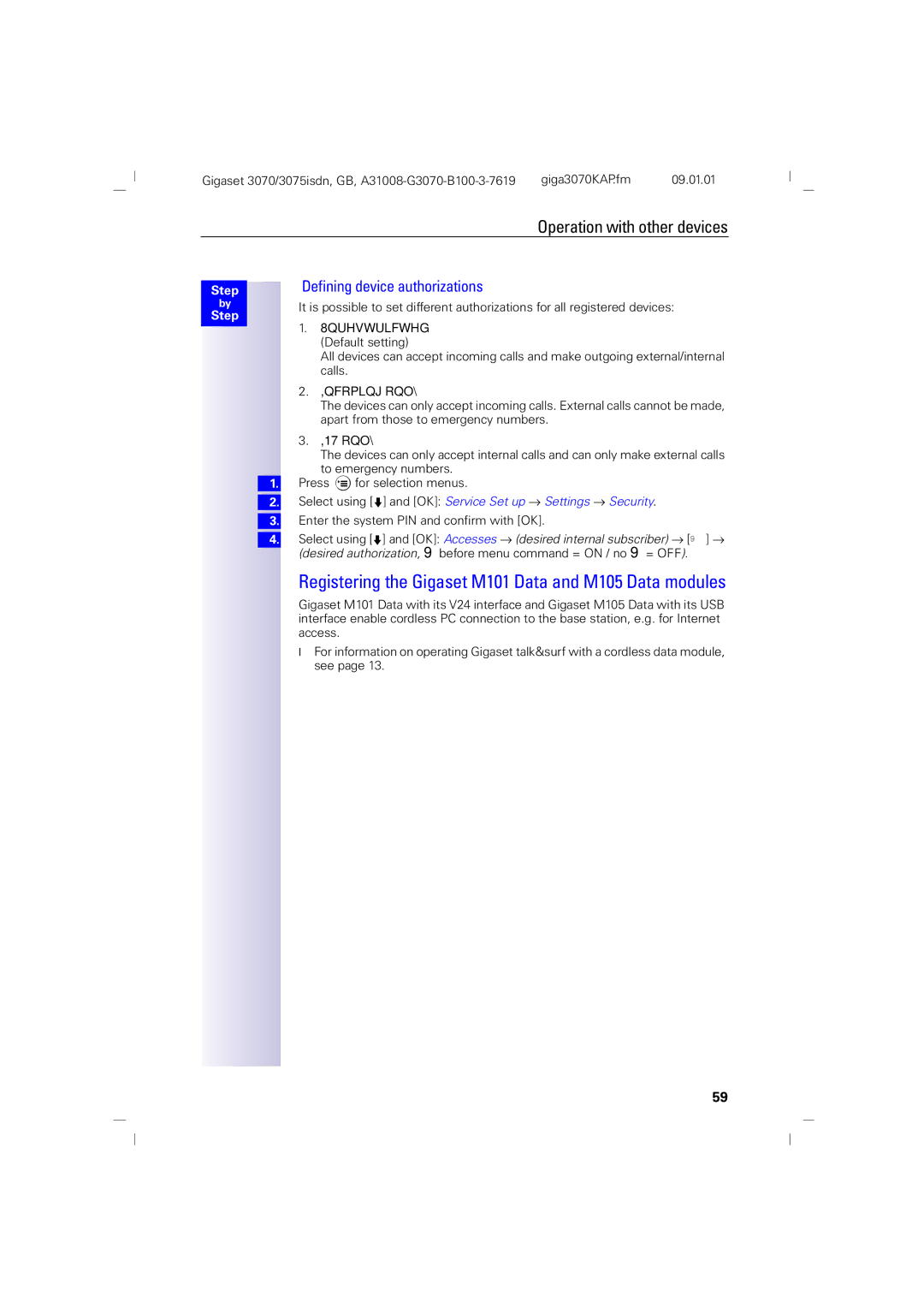 Siemens 75, 3070 manual Registering the Gigaset M101 Data and M105 Data modules, Defining device authorizations 