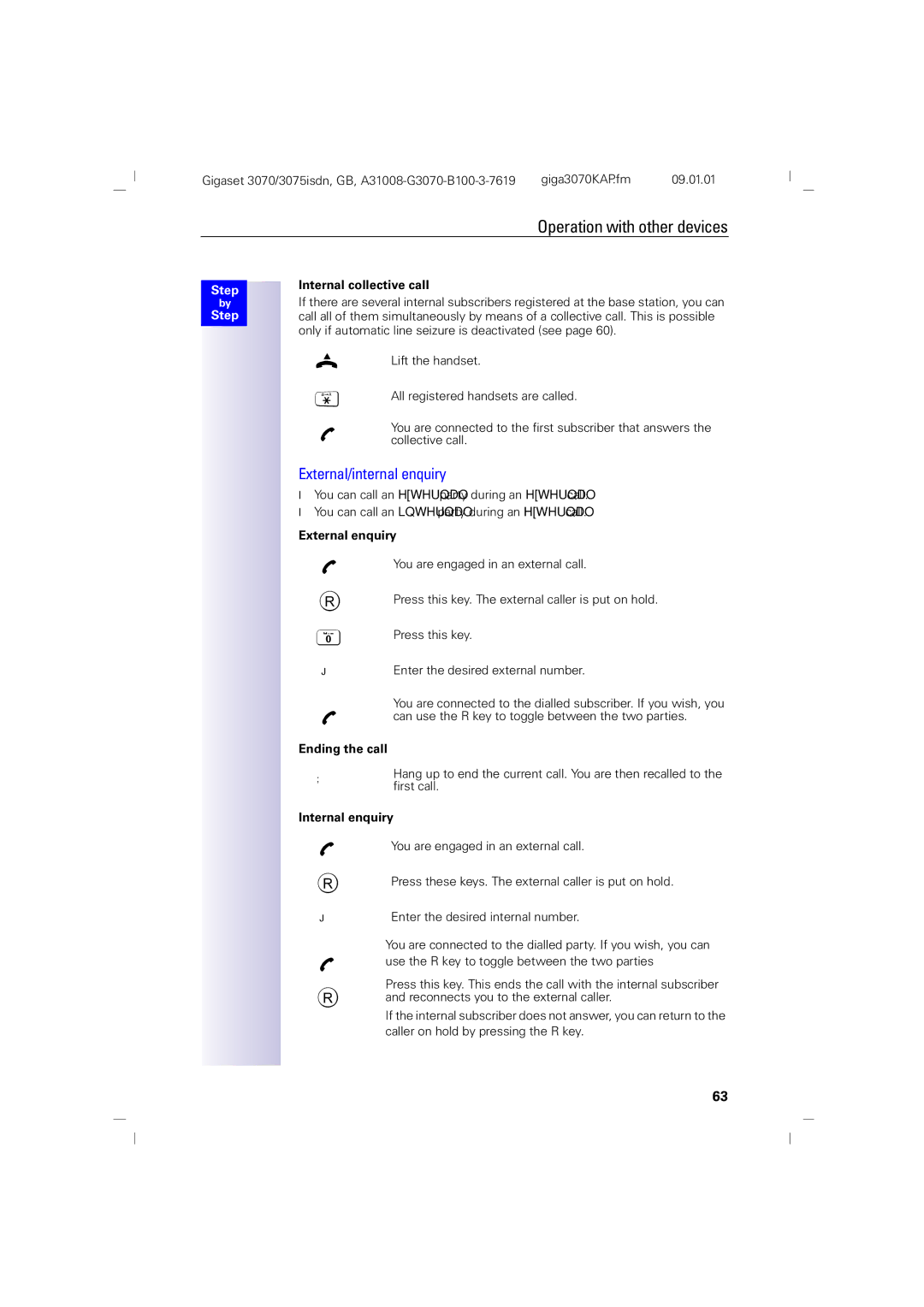 Siemens 75, 3070 External/internal enquiry, Internal collective call, External enquiry, Ending the call, Internal enquiry 