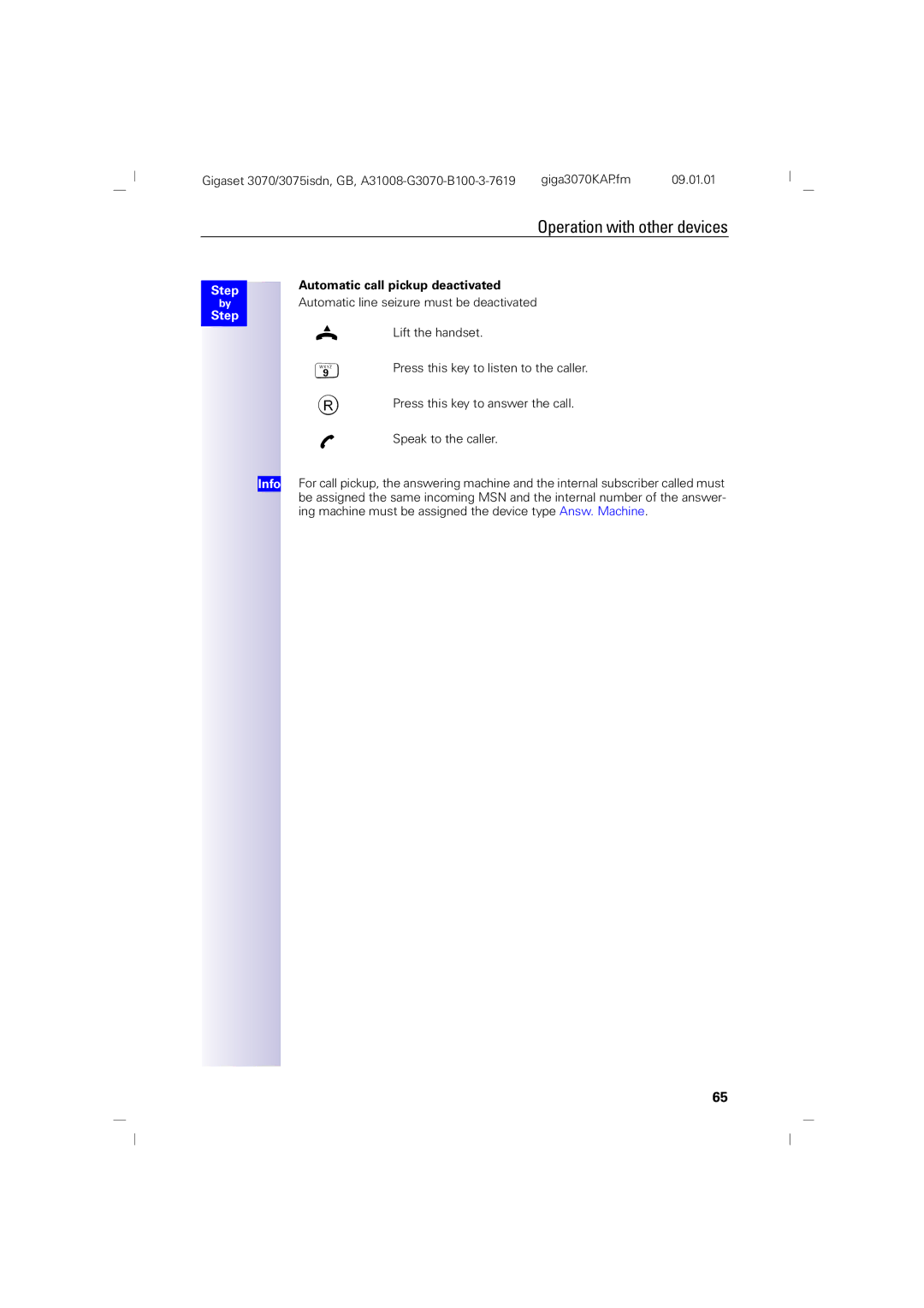 Siemens 75, 3070 manual Automatic call pickup deactivated 