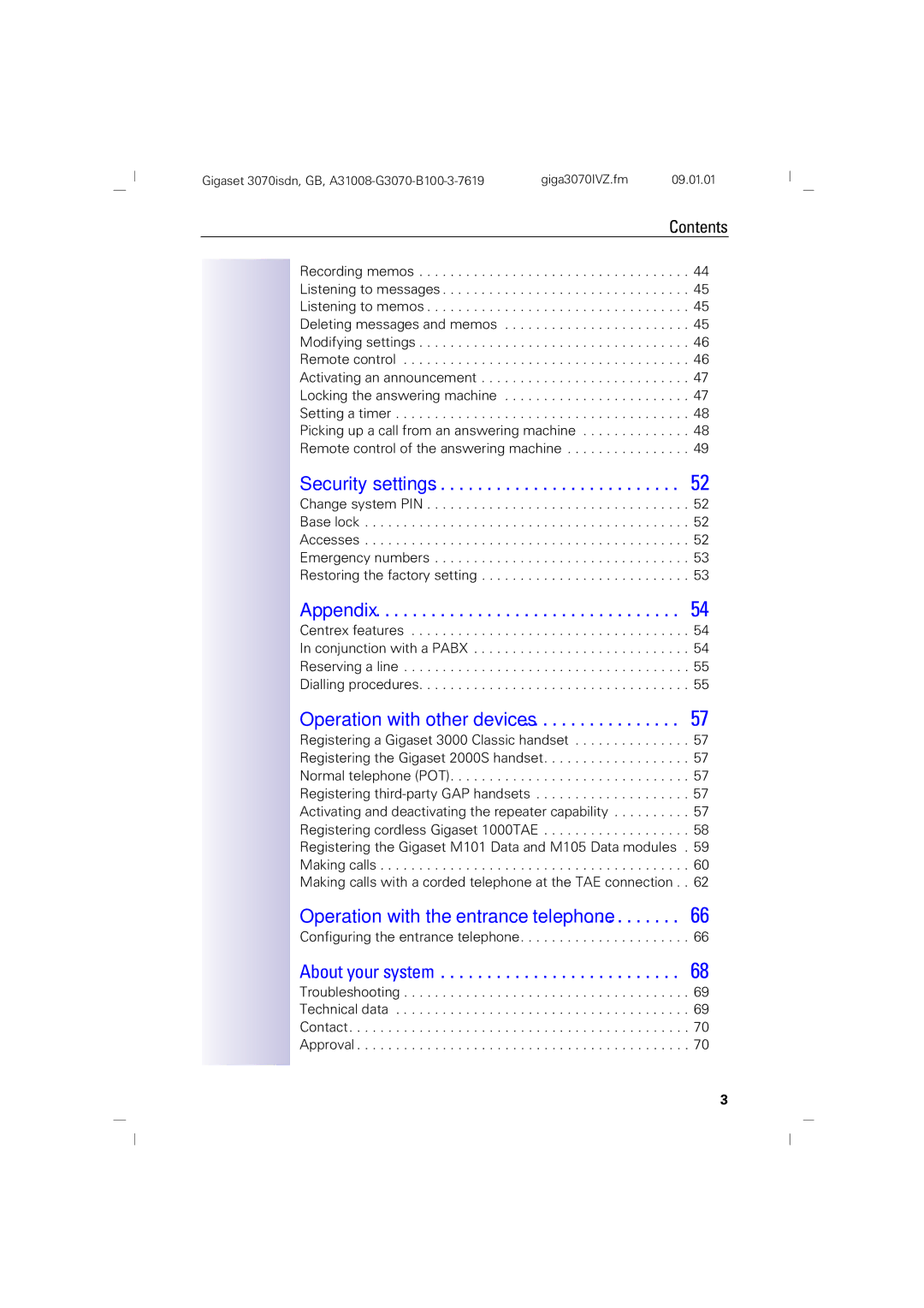 Siemens 75, 3070 manual Security settings, Appendix, Operation with the entrance telephone, About your system 