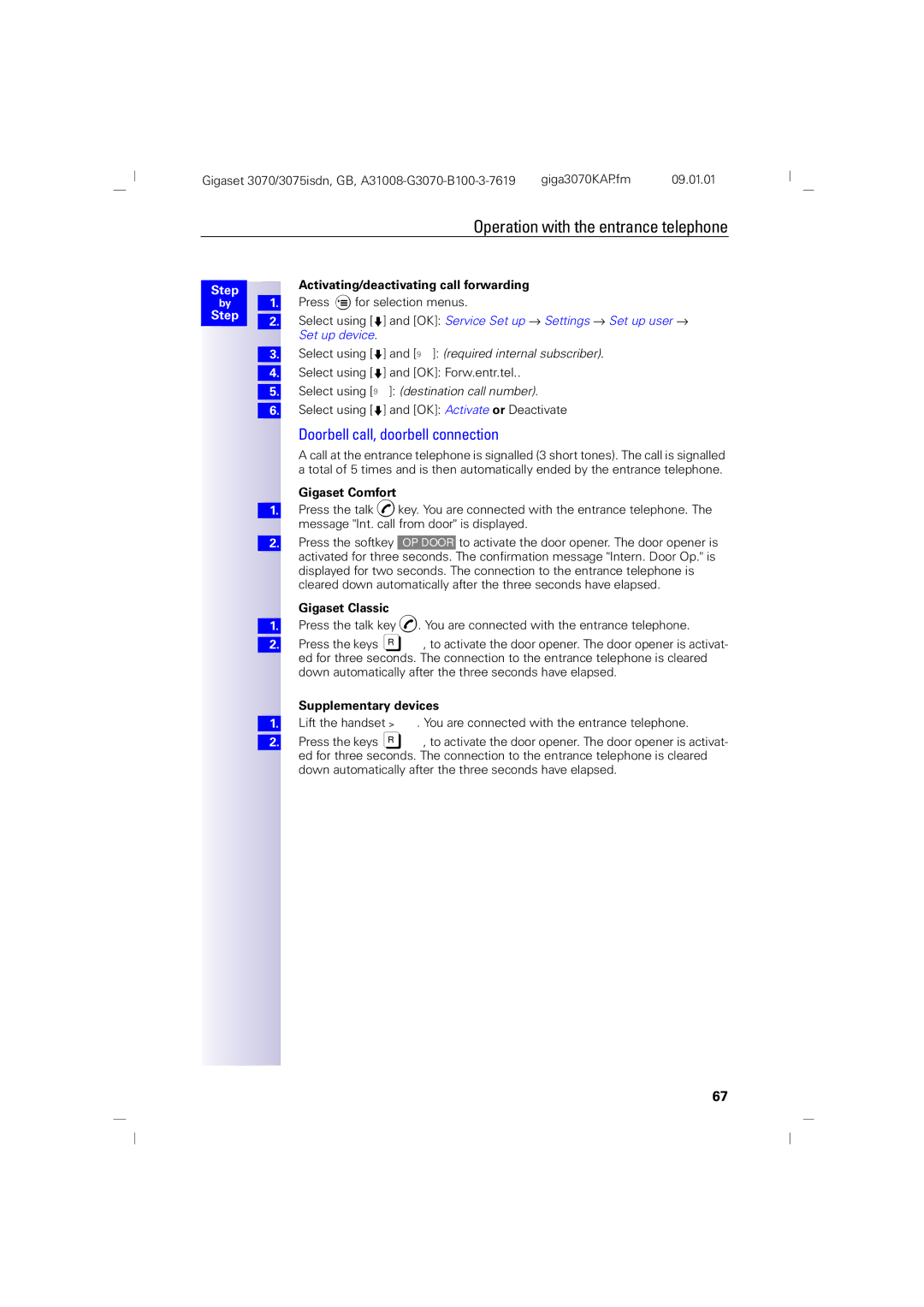 Siemens 75 Doorbell call, doorbell connection, Activating/deactivating call forwarding, Gigaset Comfort, Gigaset Classic 