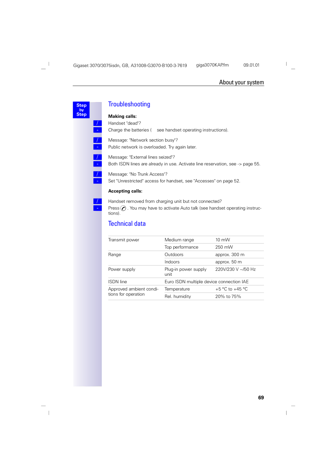 Siemens 75, 3070 manual Troubleshooting, Technical data, Making calls, Accepting calls 