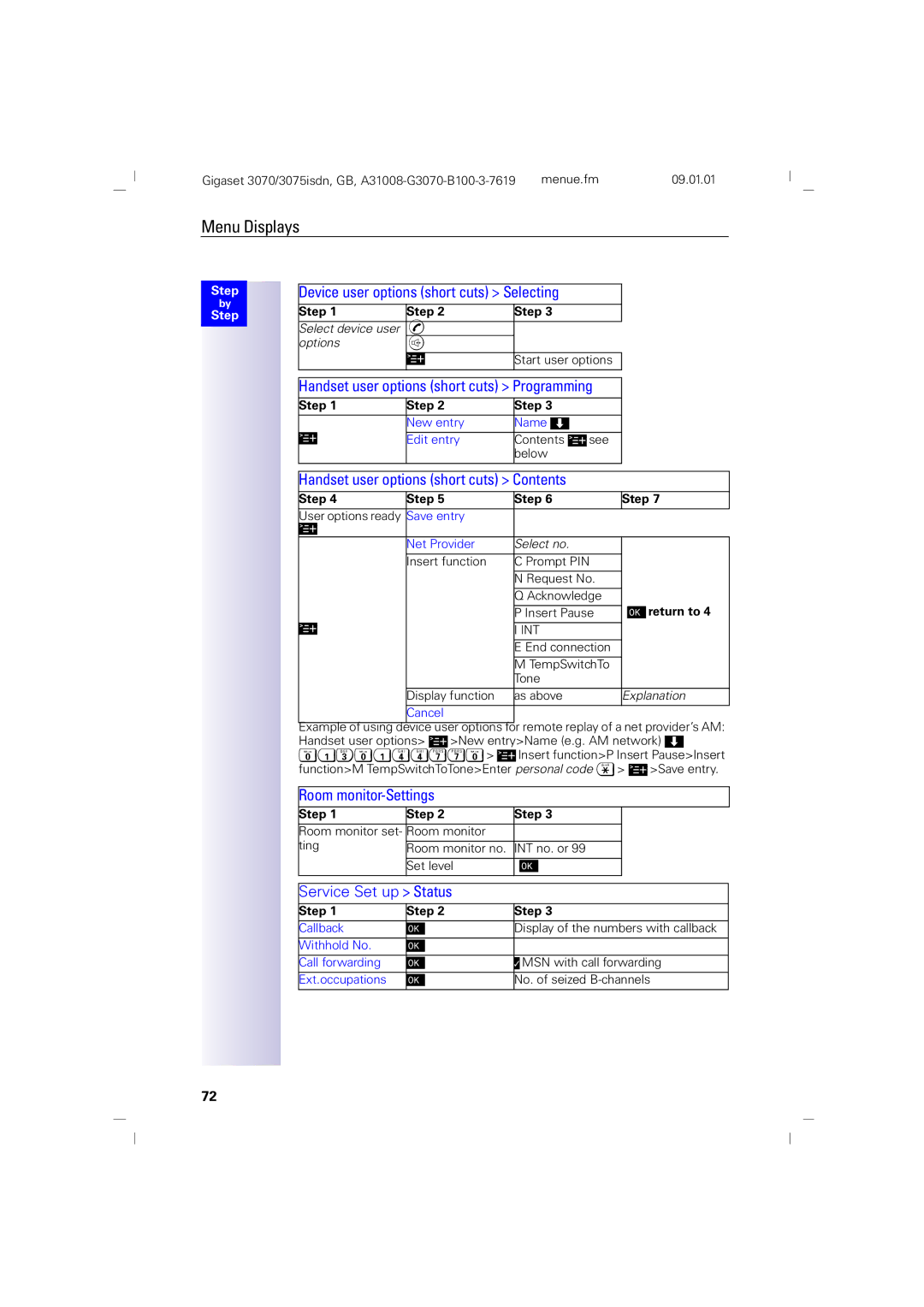 Siemens 3070, 75 Device user options short cuts Selecting, Handset user options short cuts Contents, Room monitor-Settings 