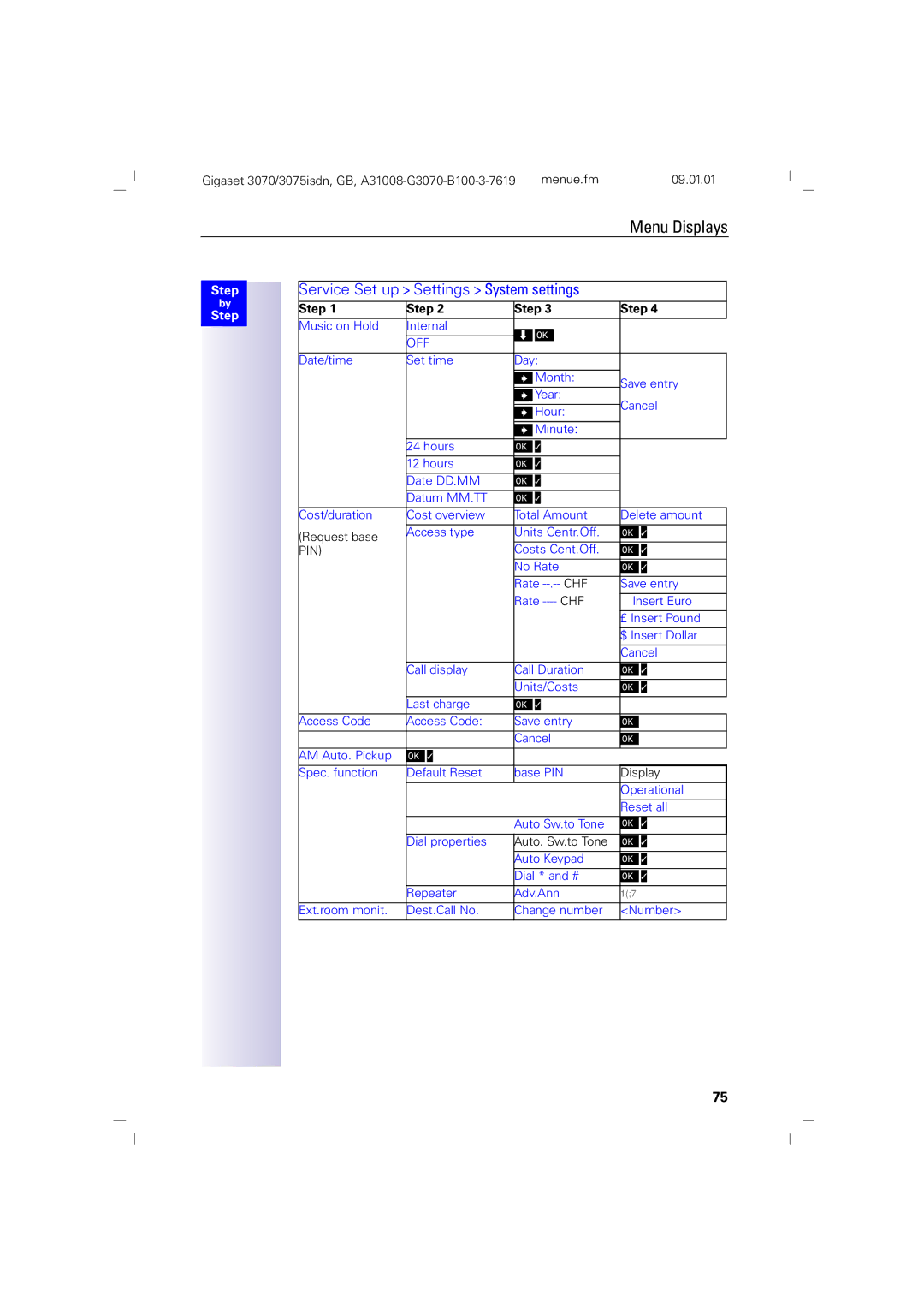 Siemens 75, 3070 manual Service Set up Settings System settings, Off 