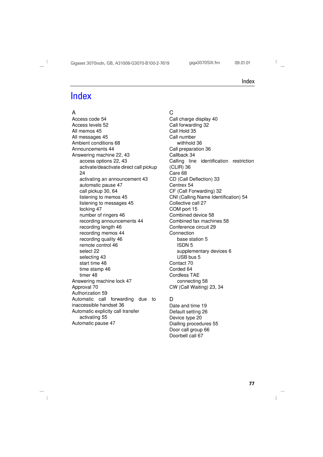 Siemens 75, 3070 manual Index 