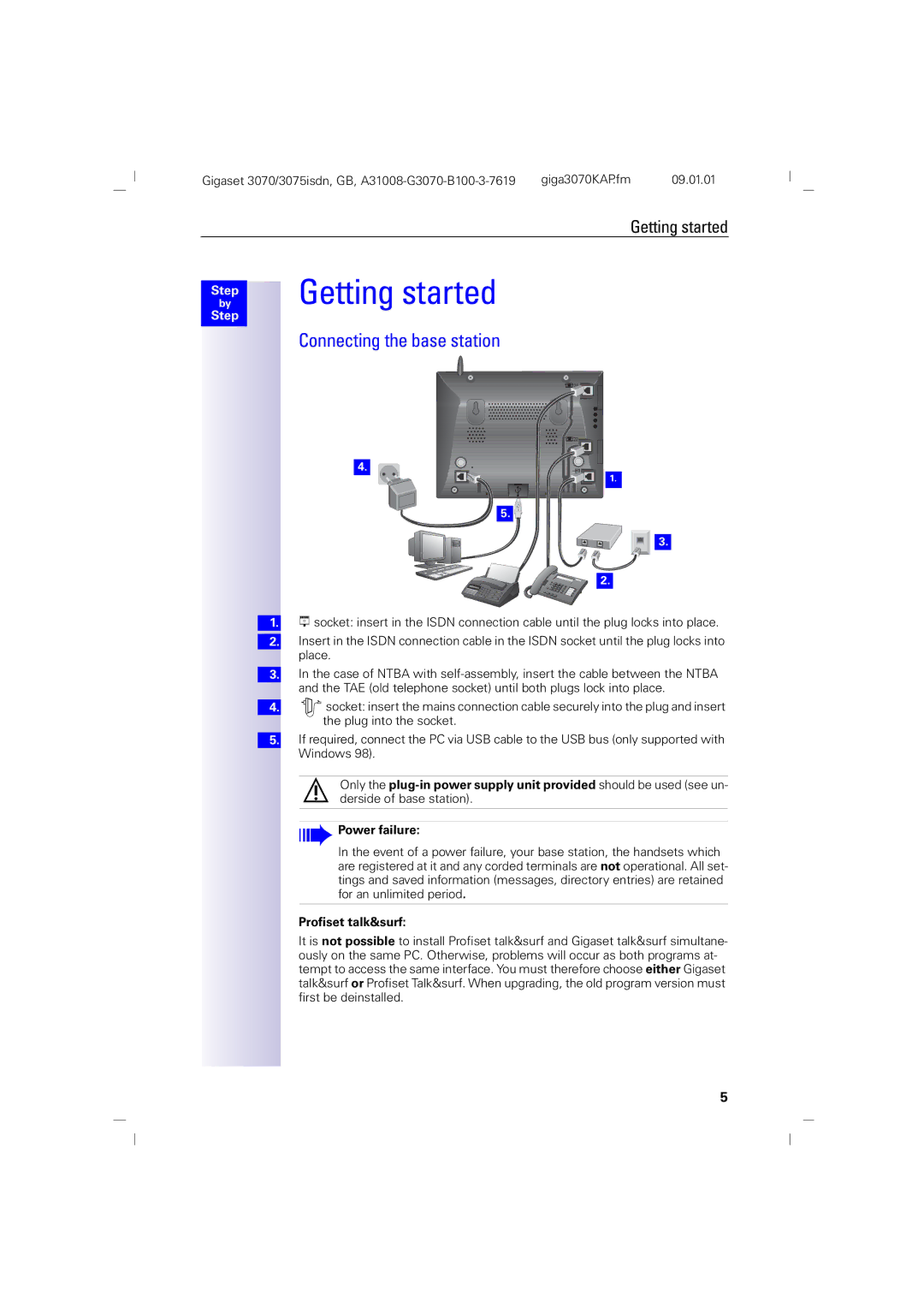 Siemens 75, 3070 manual Getting started, Connecting the base station, Profiset talk&surf 