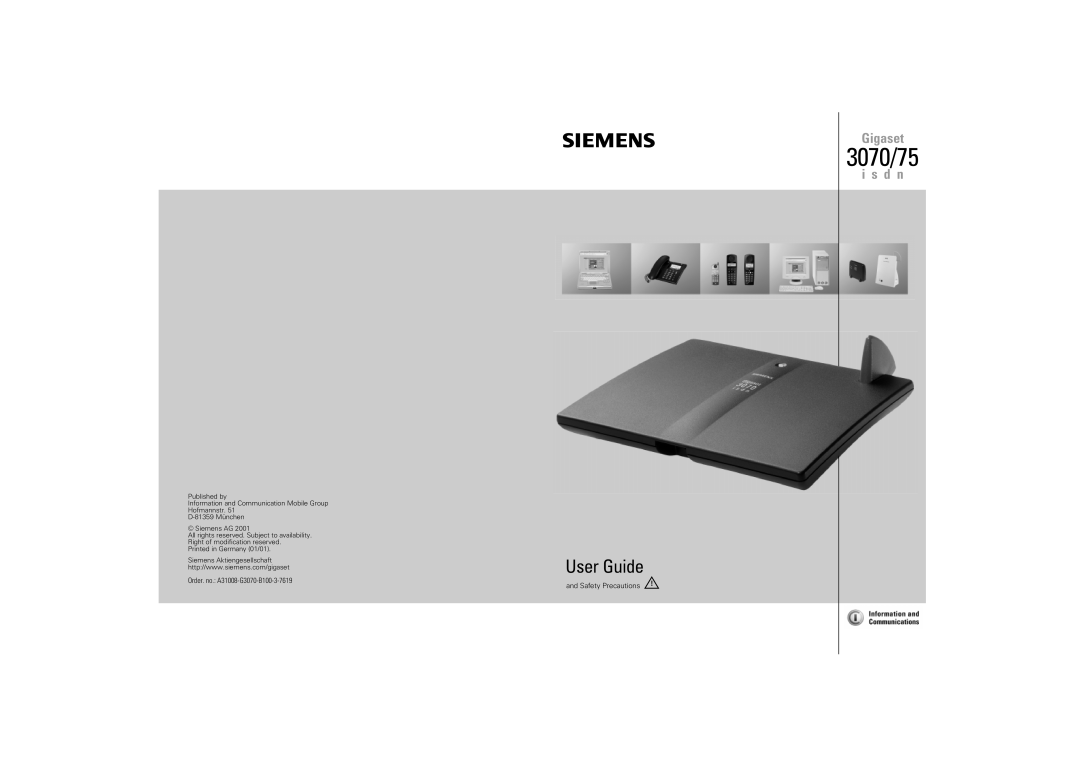 Siemens manual 3070/75, User Guide, Ljdvhw, L V G Q, Published by Information and Communication Mobile Group Hofmannstr 