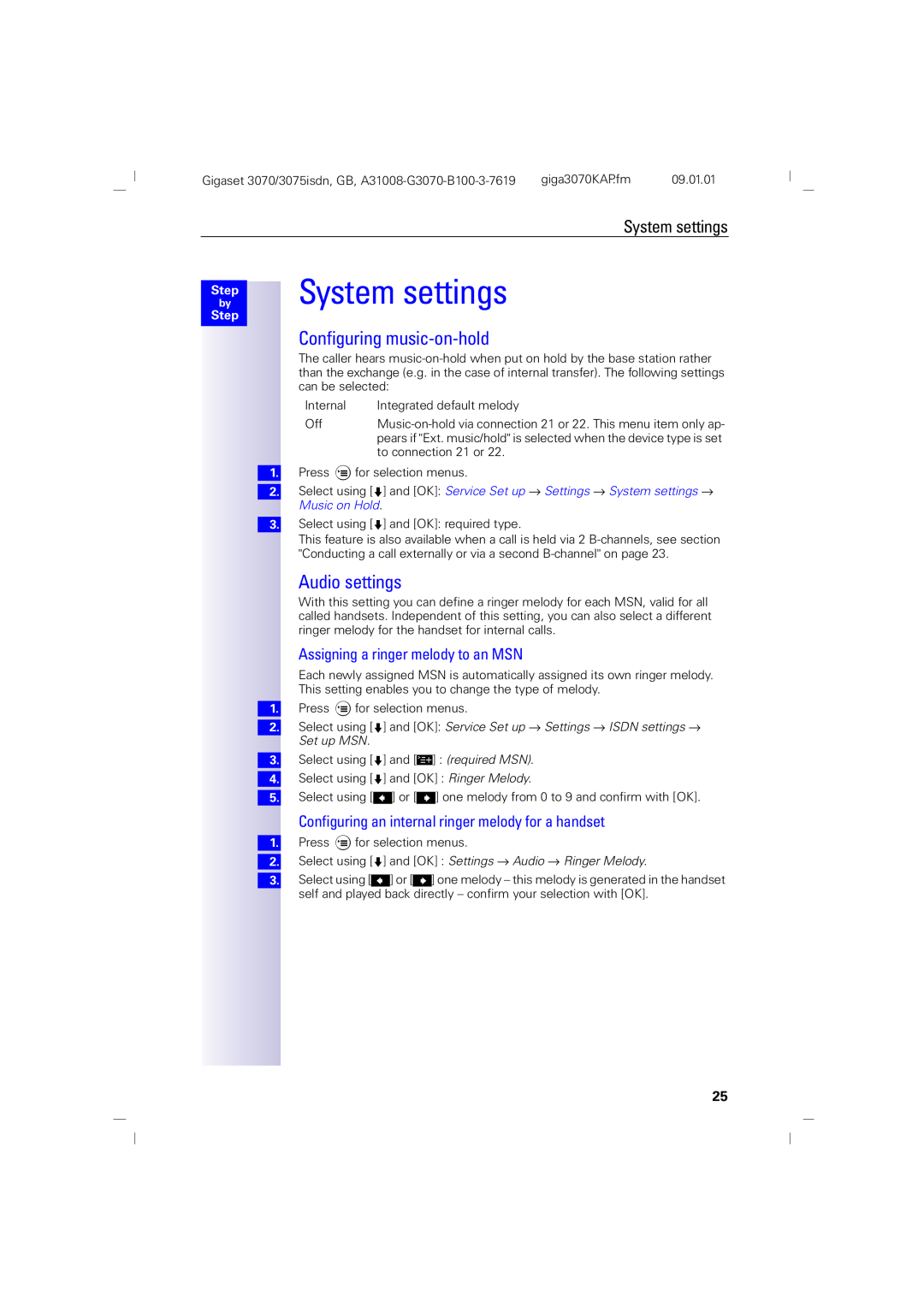 Siemens 75, 3070 System settings, Configuring music-on-hold, Audio settings, Assigning a ringer melody to an MSN, Step 