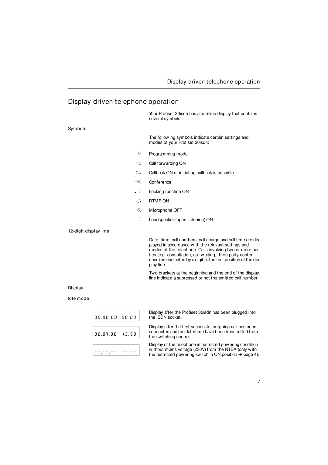 Siemens 30ISDN operating instructions Display-driven telephone operation, Symbols, Digit display line Display Idle mode 