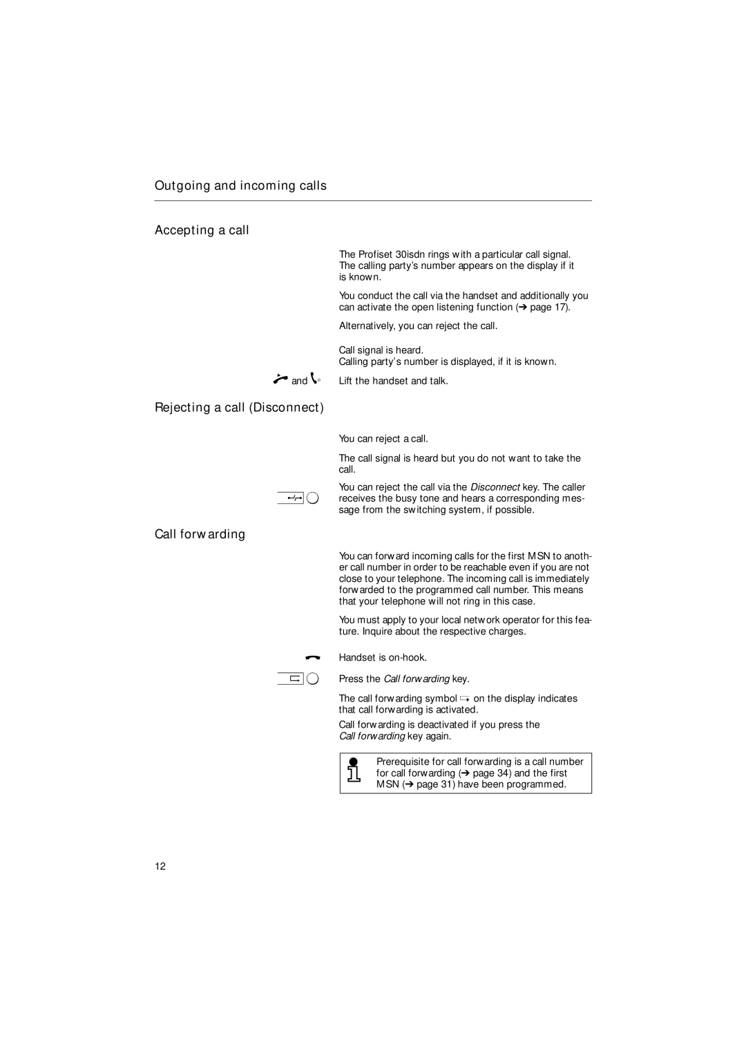 Siemens 30ISDN Outgoing and incoming calls Accepting a call, Rejecting a call Disconnect, Call forwarding 