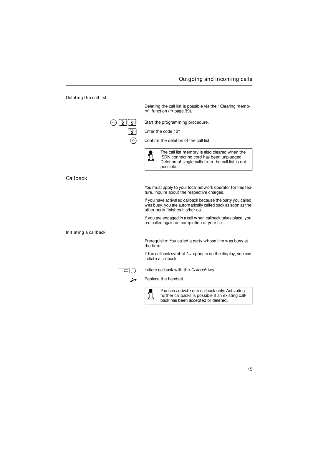 Siemens 30ISDN operating instructions Callback, Deleting the call list, Initiating a callback 