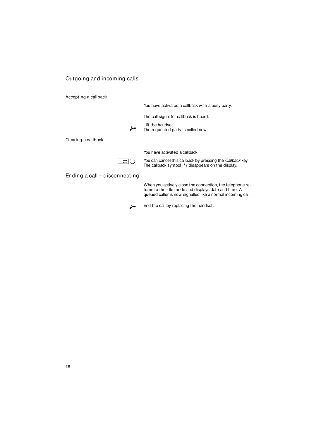 Siemens 30ISDN operating instructions Ending a call disconnecting, Accepting a callback, Clearing a callback 