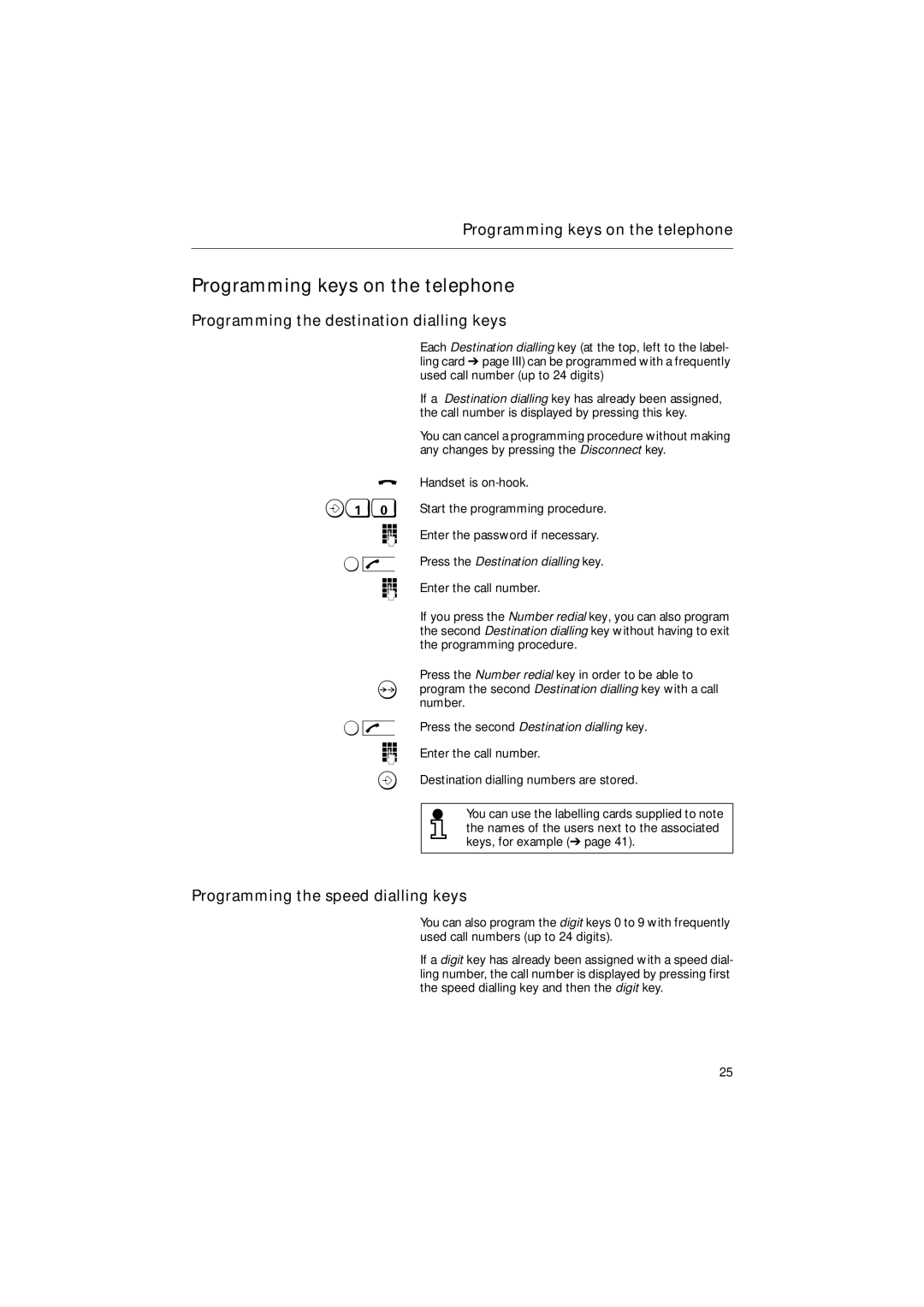 Siemens 30ISDN operating instructions Programming keys on the telephone, Programming the destination dialling keys 