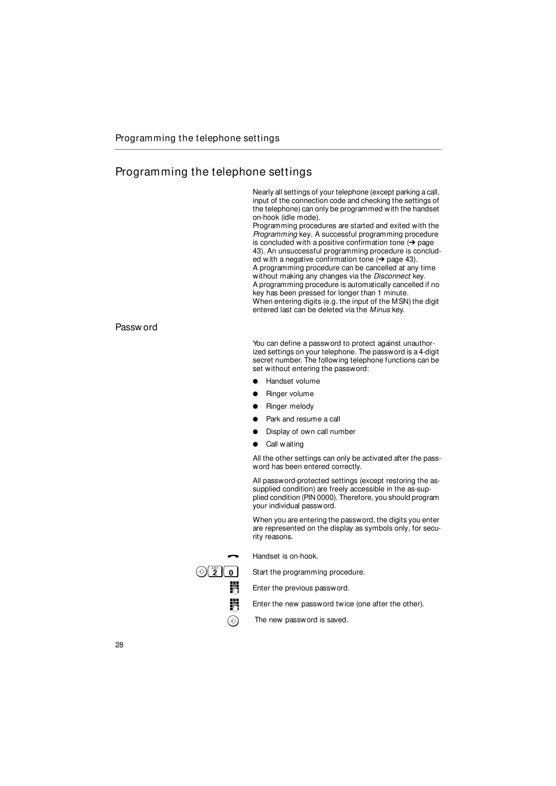 Siemens 30ISDN operating instructions Programming the telephone settings, Password 