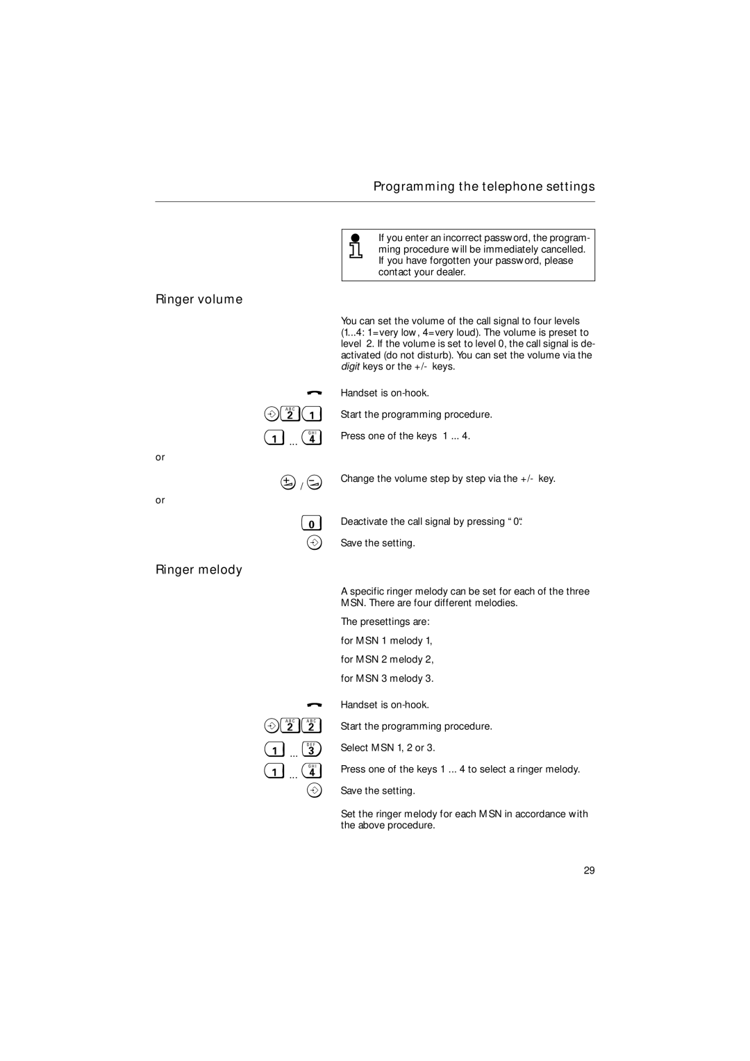 Siemens 30ISDN operating instructions Programming the telephone settings Ringer volume, Ringer melody 