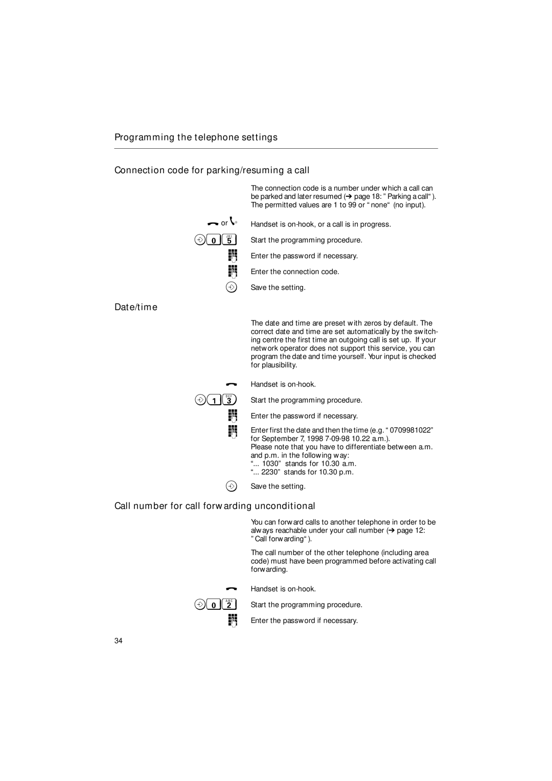 Siemens 30ISDN operating instructions Date/time, Call number for call forwarding unconditional 