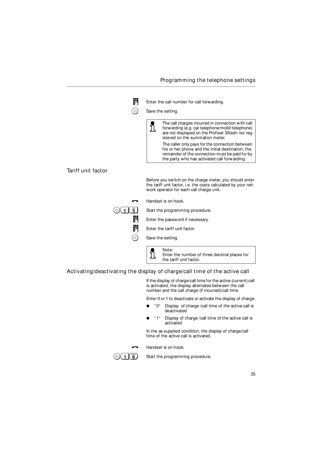 Siemens 30ISDN operating instructions Tariff unit factor, Enter the call number for call forwarding Save the setting 
