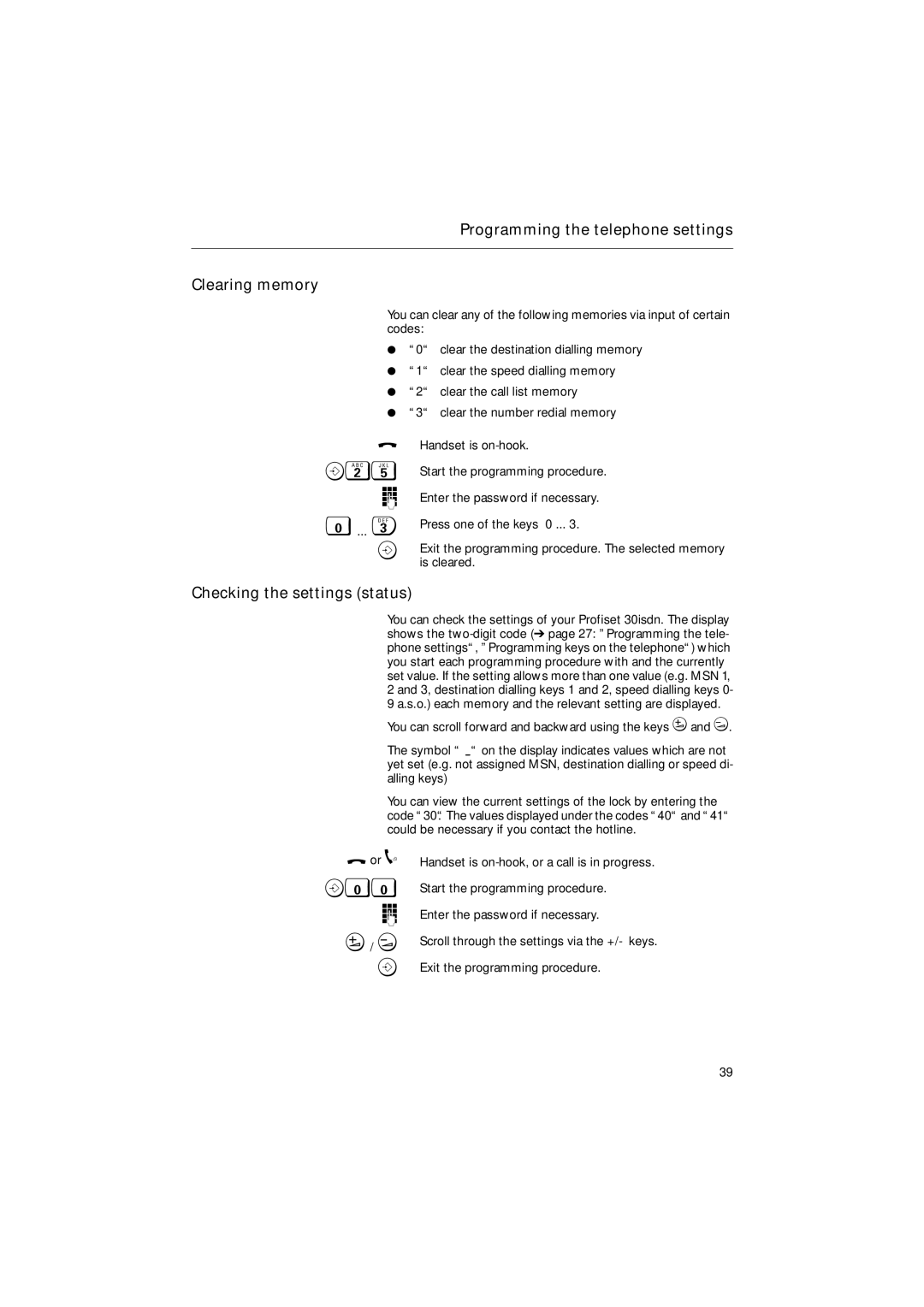 Siemens 30ISDN operating instructions Programming the telephone settings Clearing memory, Checking the settings status 