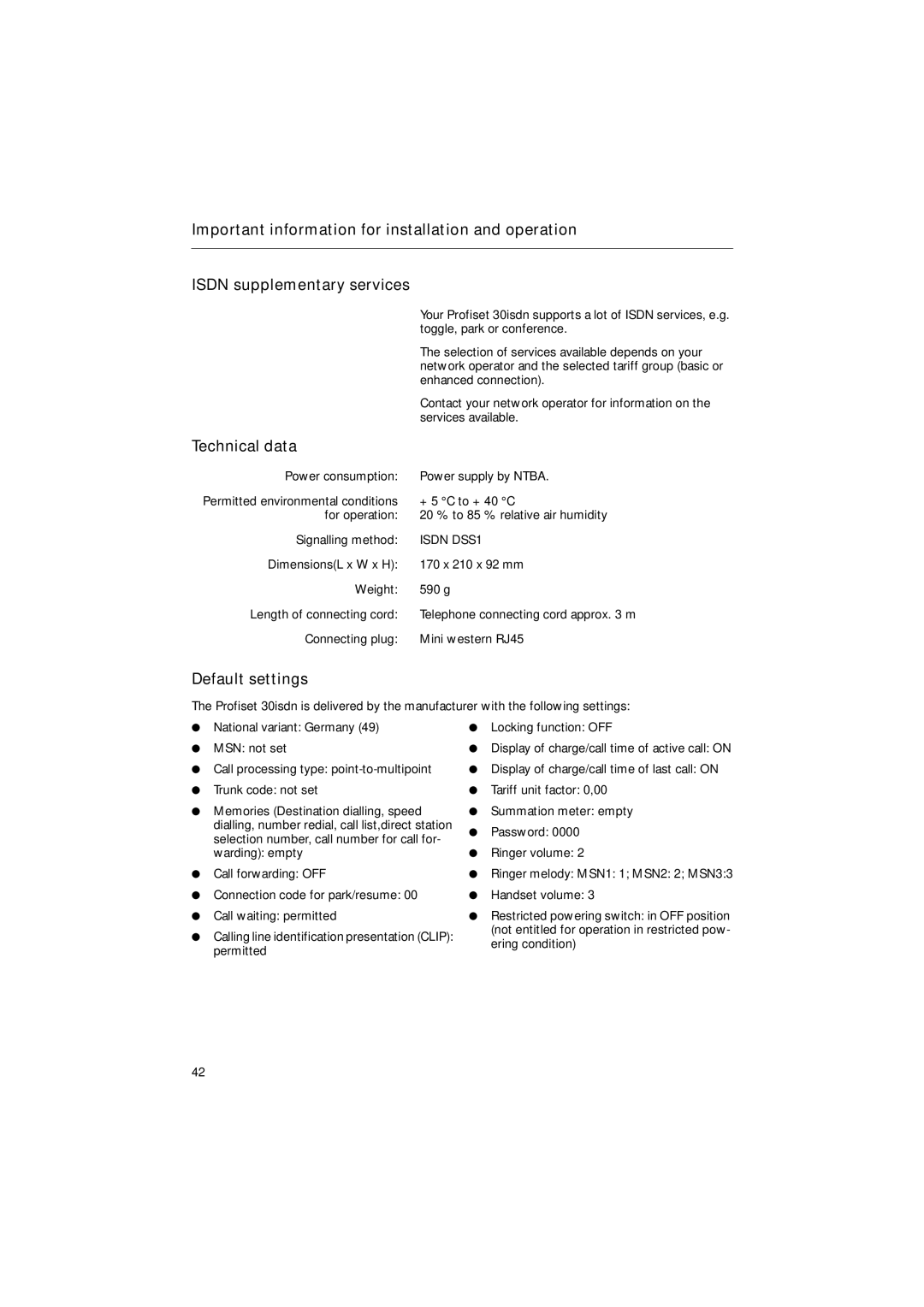 Siemens 30ISDN operating instructions Default settings, Technical data 