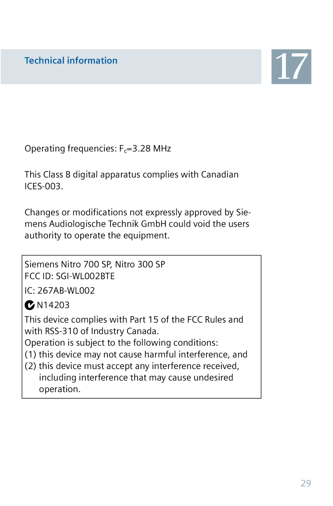 Siemens 32 manual Technical information, FCC ID SGI-WL002BTE 