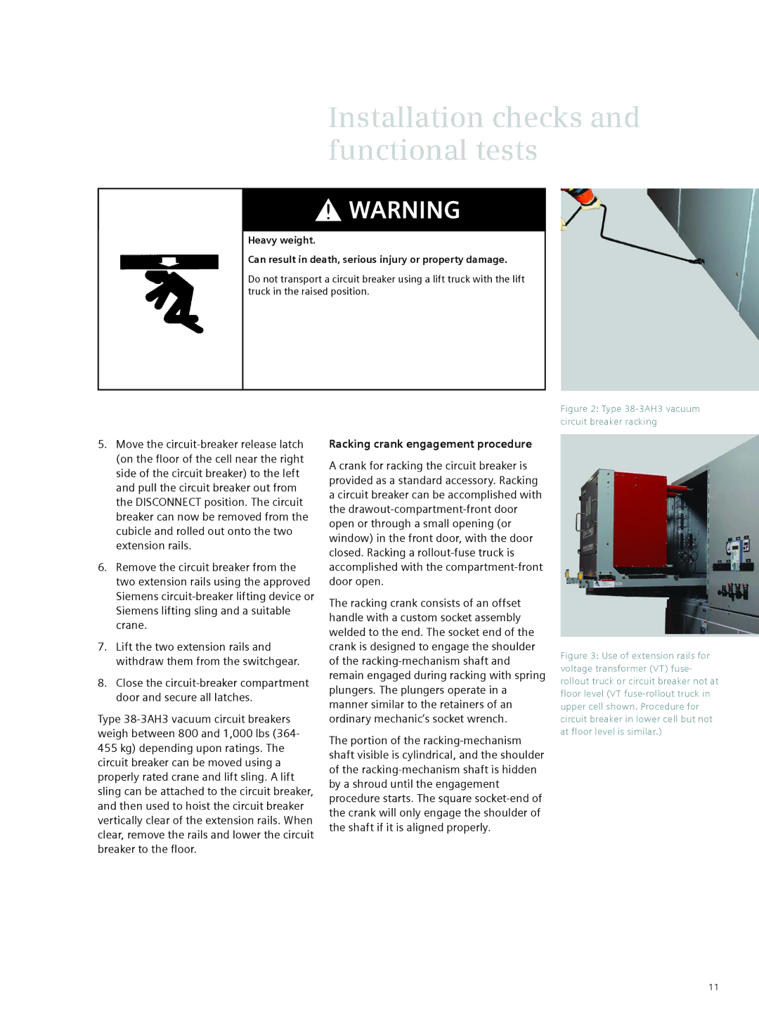 Siemens 38-3AH3 38 kV instruction manual Racking crank engagement procedure, Type 38-3AH3 vacuum circuit breaker racking 